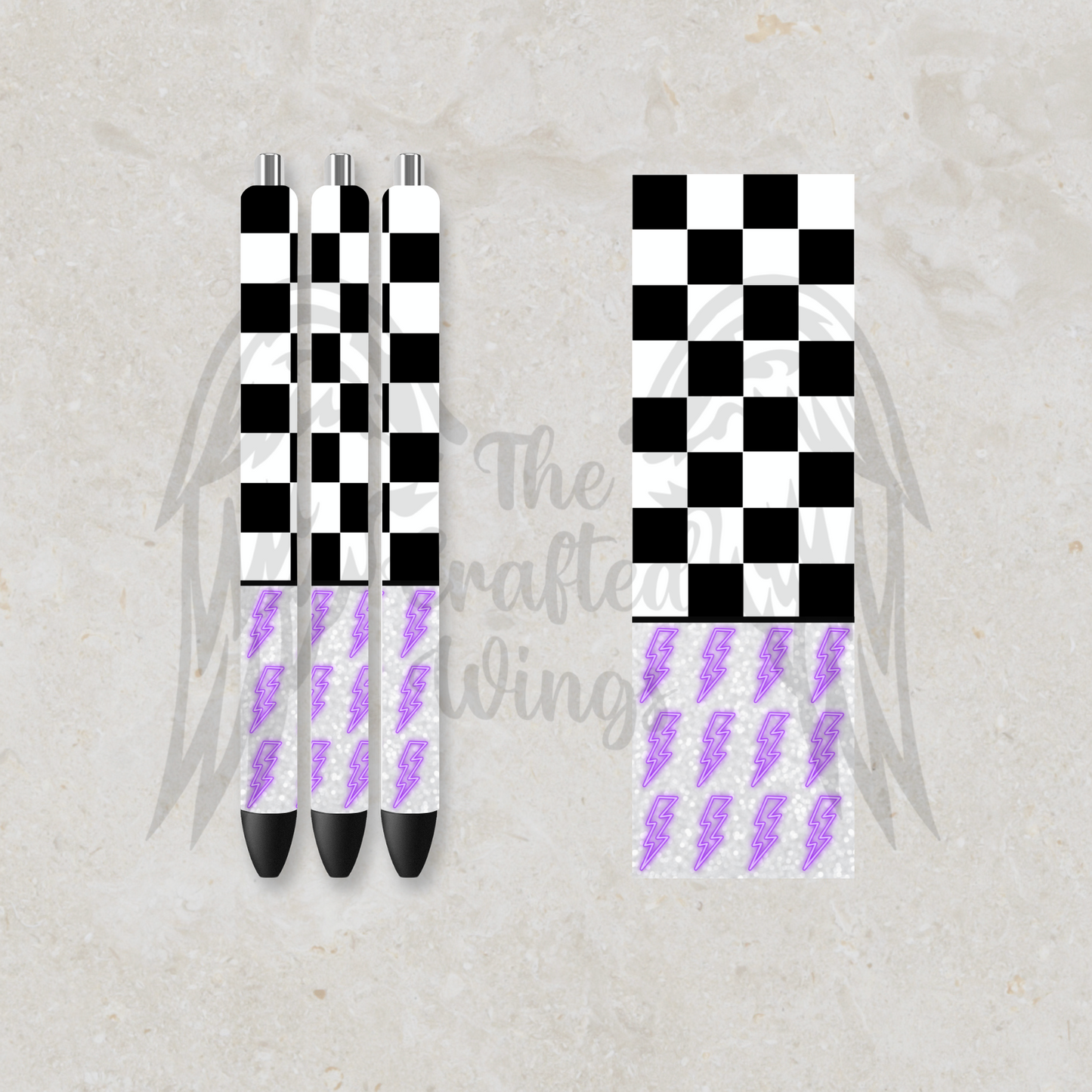 Checker with Purple Bolts Pen Design