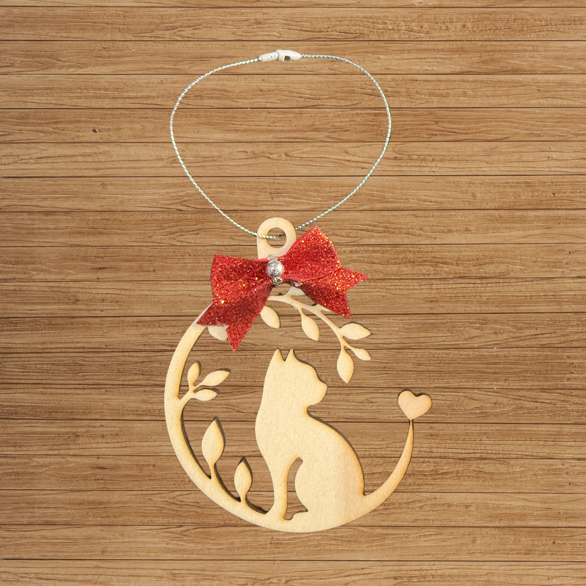 Wooden Cat Ornament with Bow