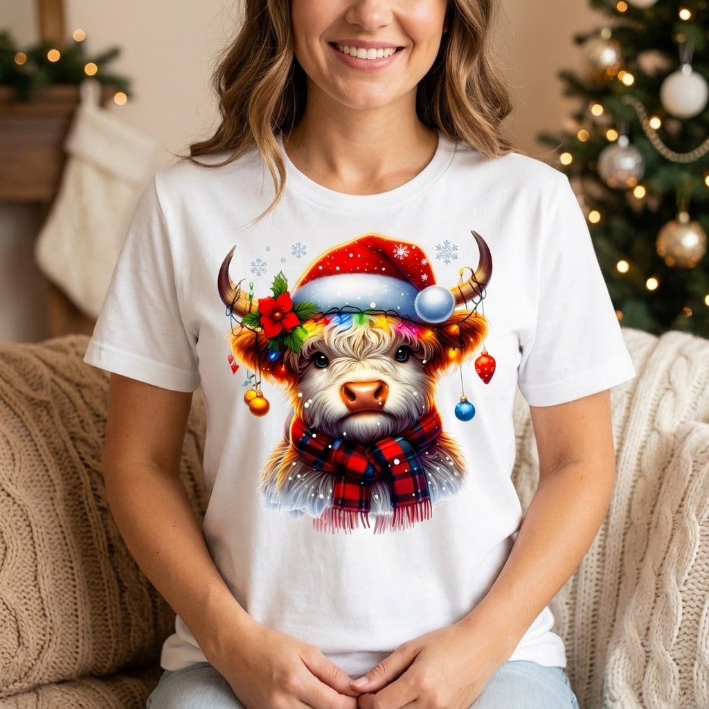 Holiday White Cow with Santa Hat Transfer