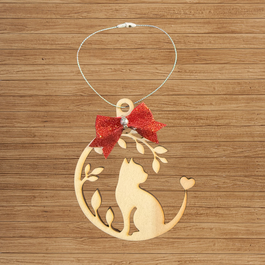 Wooden Cat Ornament with Bow