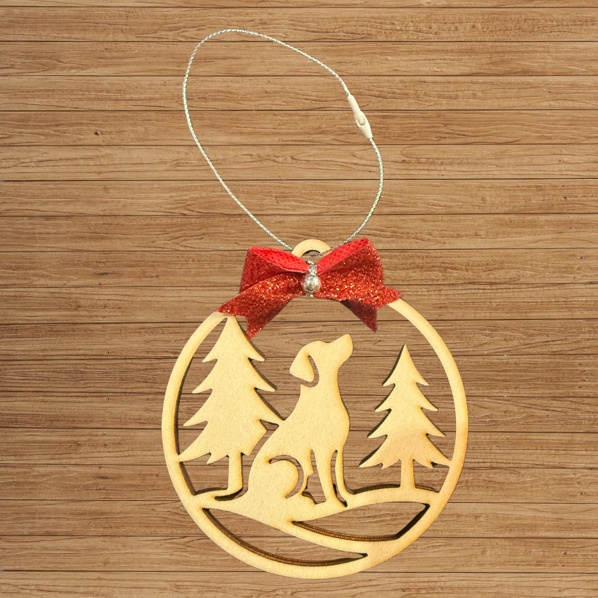 Wooden Dog Ornament with Bow